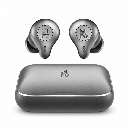 Mifo Gen 4 graphite earbuds floating above the charging case on a white background